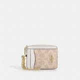 Coach Zip Card Case In Signature Canvas Gold Sand Chalk