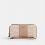 Coach Long Zip Around Wallet In Signature Canvas With Stripe Silver Sand Taupe