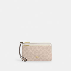Coach Double Zip Wallet In Signature Canvas Gold Sand Chalk