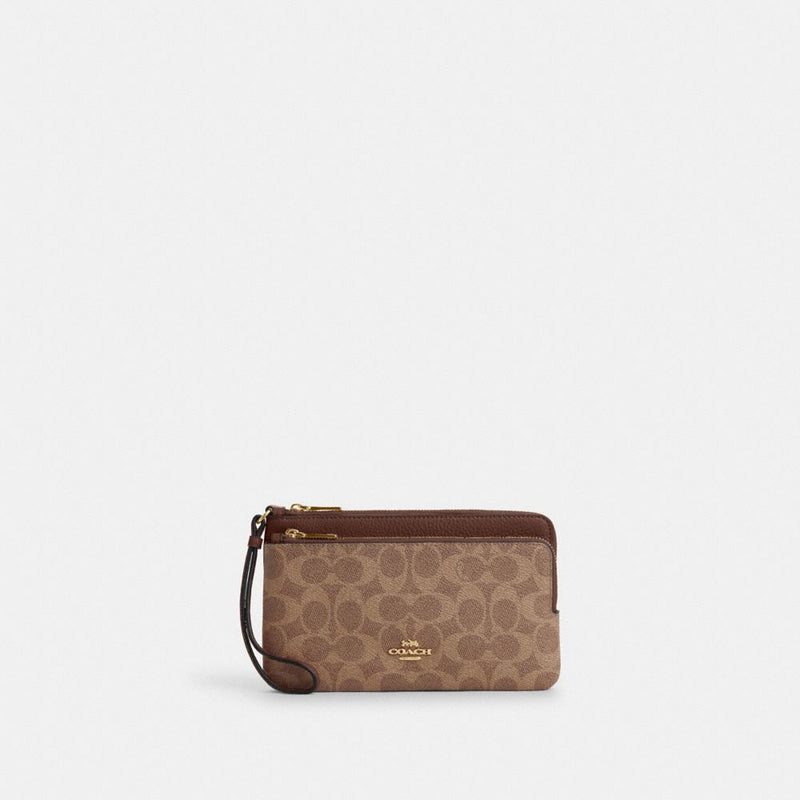 Coach Double Zip Wallet In Signature Canvas Gold Tan Brown