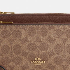 Coach Double Zip Wallet In Signature Canvas Gold Tan Brown