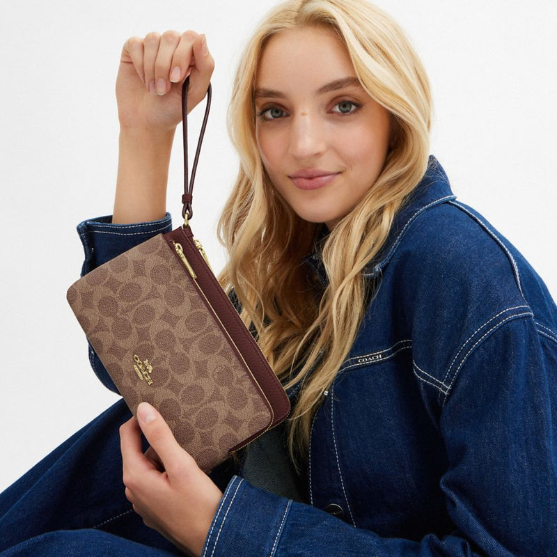 Coach Double Zip Wallet In Signature Canvas Gold Tan Brown