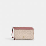 Coach Double Zip Wallet In Signature Canvas Gold Sand Peony