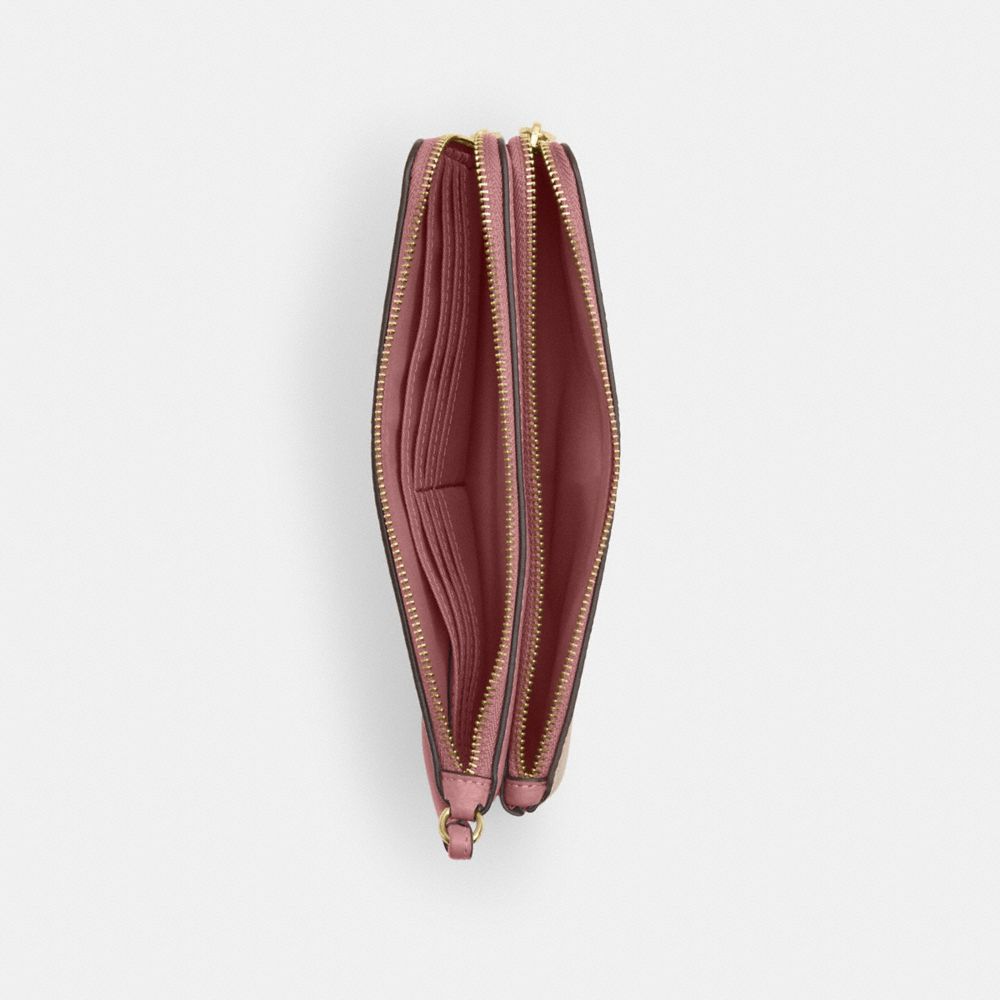 Coach Double Zip Wallet In Signature Canvas Gold Sand Peony