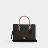 Coach Maggie Small Tote Bag In Blocked Signature Canvas Gold Walnut Tan