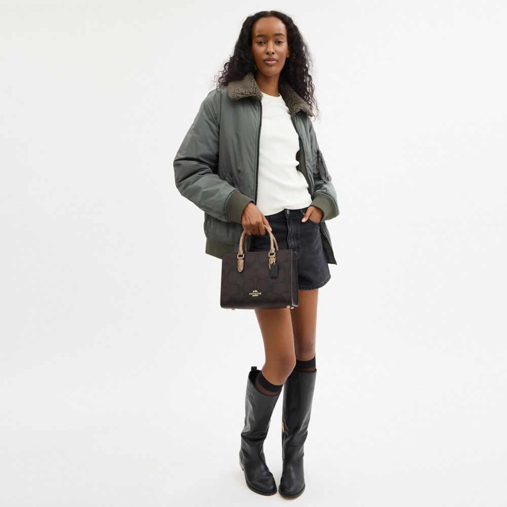 Coach Maggie Small Tote Bag In Blocked Signature Canvas Gold Walnut Tan