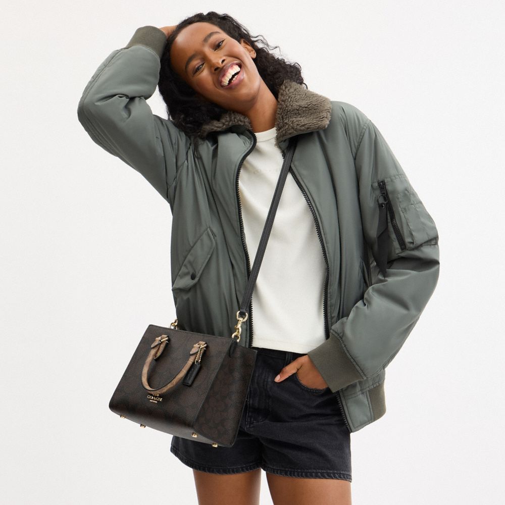 Coach Maggie Small Tote Bag In Blocked Signature Canvas Gold Walnut Tan