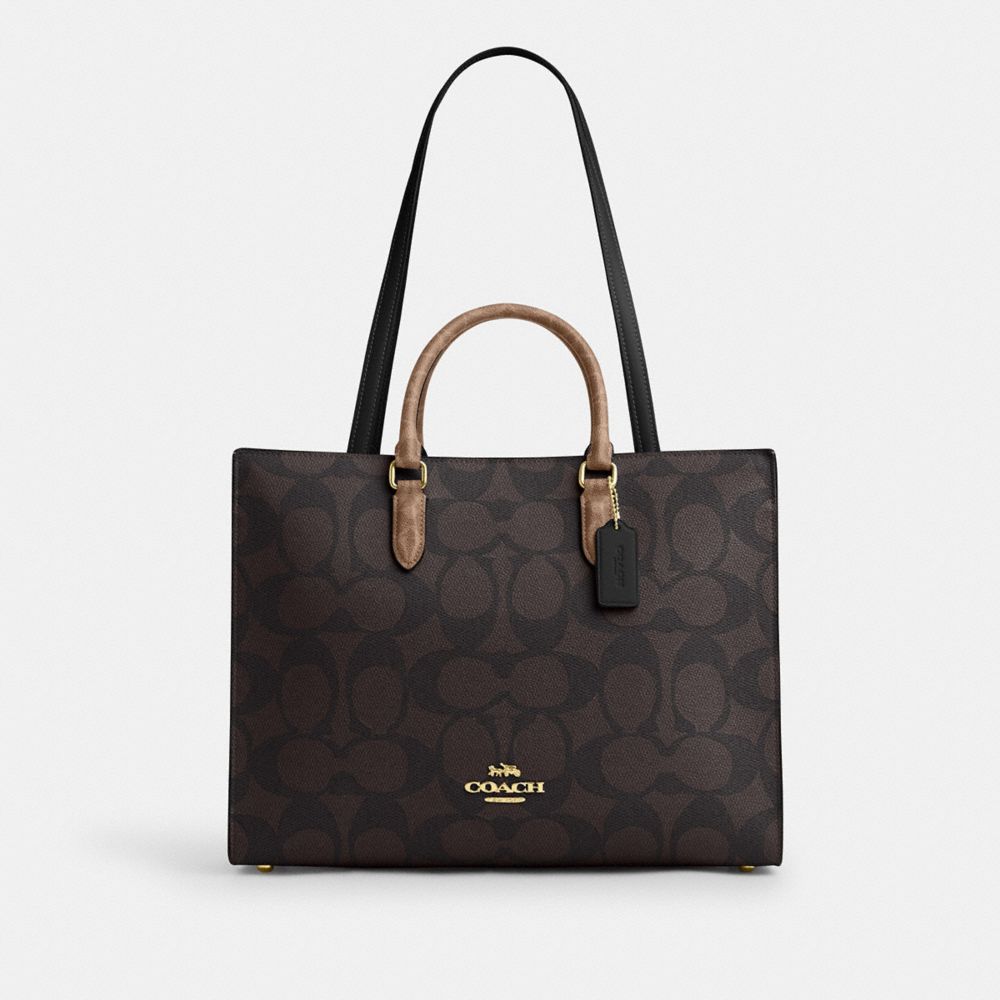Coach Maggie Tote Bag In Blocked Signature Canvas Gold Walnut Tan
