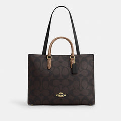 Coach Maggie Tote Bag In Blocked Signature Canvas Gold Walnut Tan