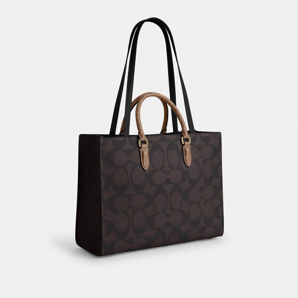 Coach Maggie Tote Bag In Blocked Signature Canvas Gold Walnut Tan