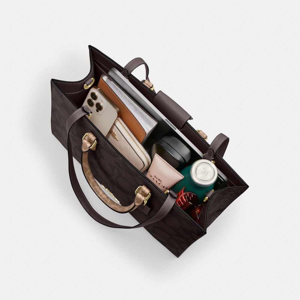 Coach Maggie Tote Bag In Blocked Signature Canvas Gold Walnut Tan