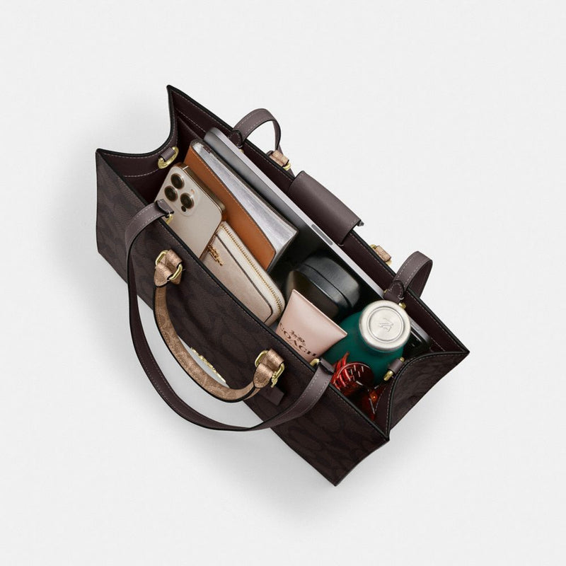 Coach Maggie Tote Bag In Blocked Signature Canvas Gold Walnut Tan