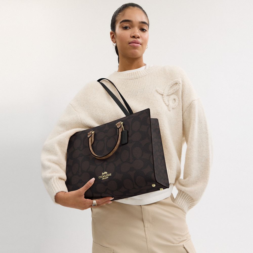 Coach Maggie Tote Bag In Blocked Signature Canvas Gold Walnut Tan