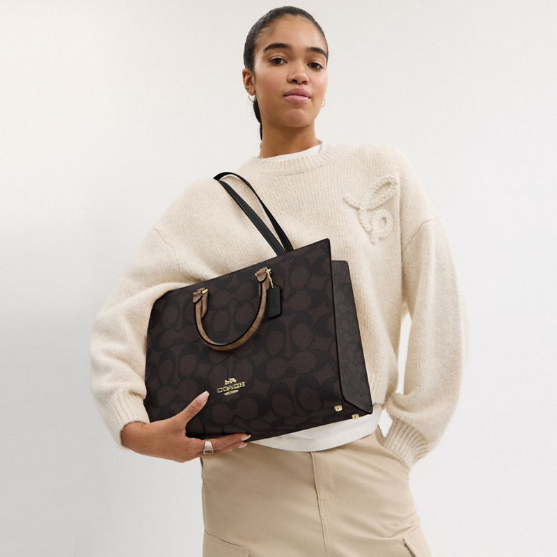 Coach Maggie Tote Bag In Blocked Signature Canvas Gold Walnut Tan