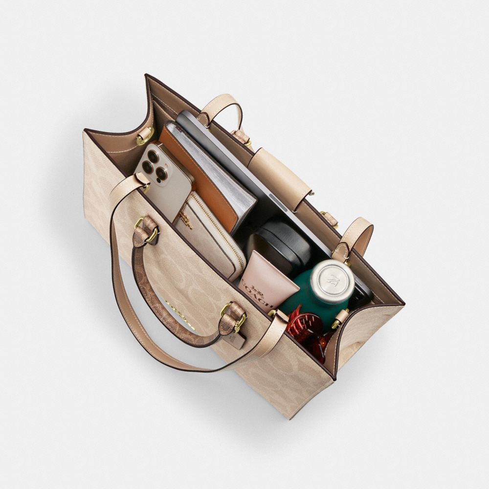 Coach Maggie Tote Bag In Blocked Signature Canvas Gold Sand Tan