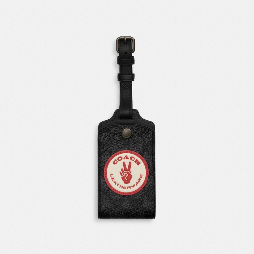 Coach Luggage Tag In Signature Canvas With Patches Gunmetal Charcoal Multi
