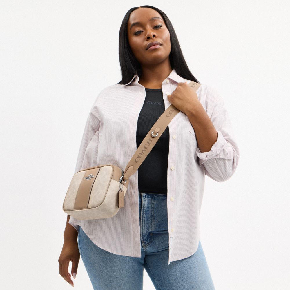 Coach Jamie Camera Bag In Signature Canvas With Stripe Silver Sand Taupe
