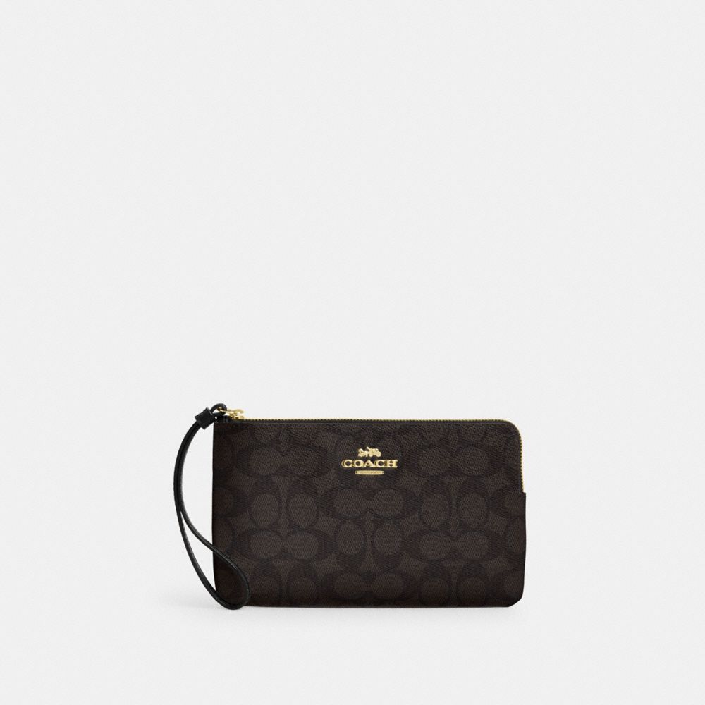 Coach Large Corner Zip Wristlet In Signature Canvas Gold Walnut Black