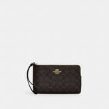 Coach Large Corner Zip Wristlet In Signature Canvas Gold Walnut Black