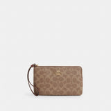 Coach Large Corner Zip Wristlet In Signature Canvas Gold Tan Brown