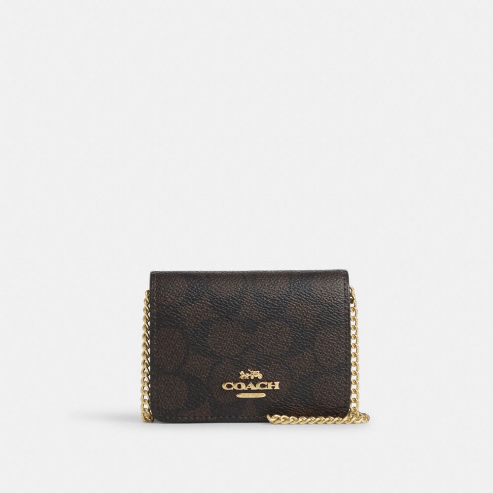 Coach Mini Wallet On A Chain In Signature Canvas Gold Walnut Black