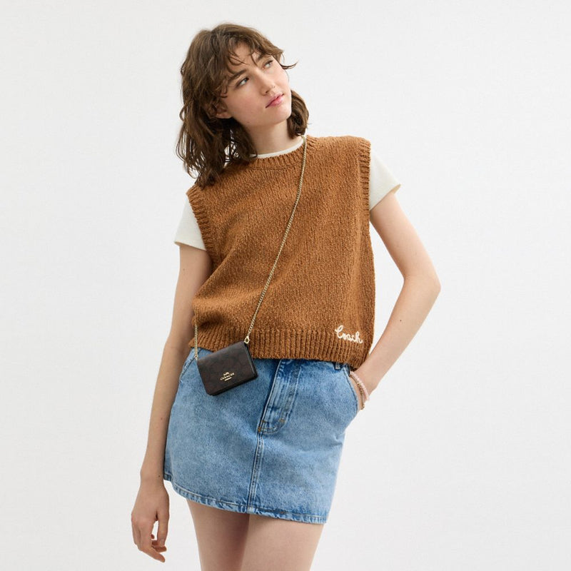 Coach Mini Wallet On A Chain In Signature Canvas Gold Walnut Black