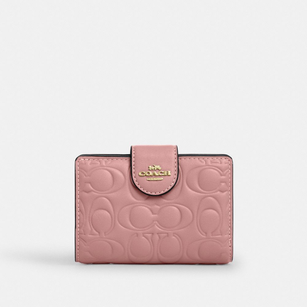 Coach Medium Corner Zip Wallet In Signature Leather Gold Pink Petal