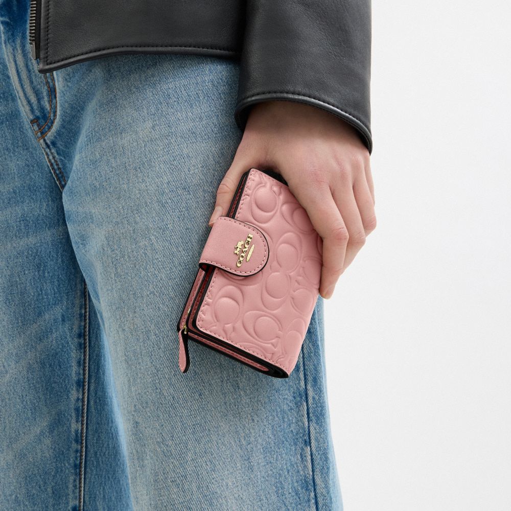 Coach Medium Corner Zip Wallet In Signature Leather Gold Pink Petal