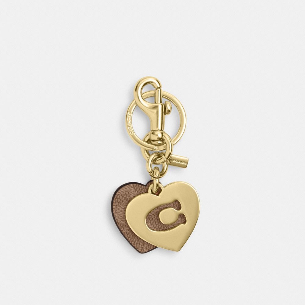 Coach Hearts Key Ring In Signature Canvas Gold Tan Brown