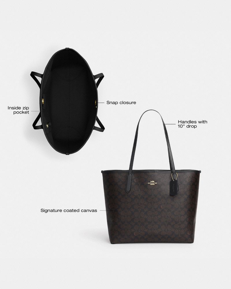 Coach City Tote Bag In Signature Canvas Gold Walnut Black