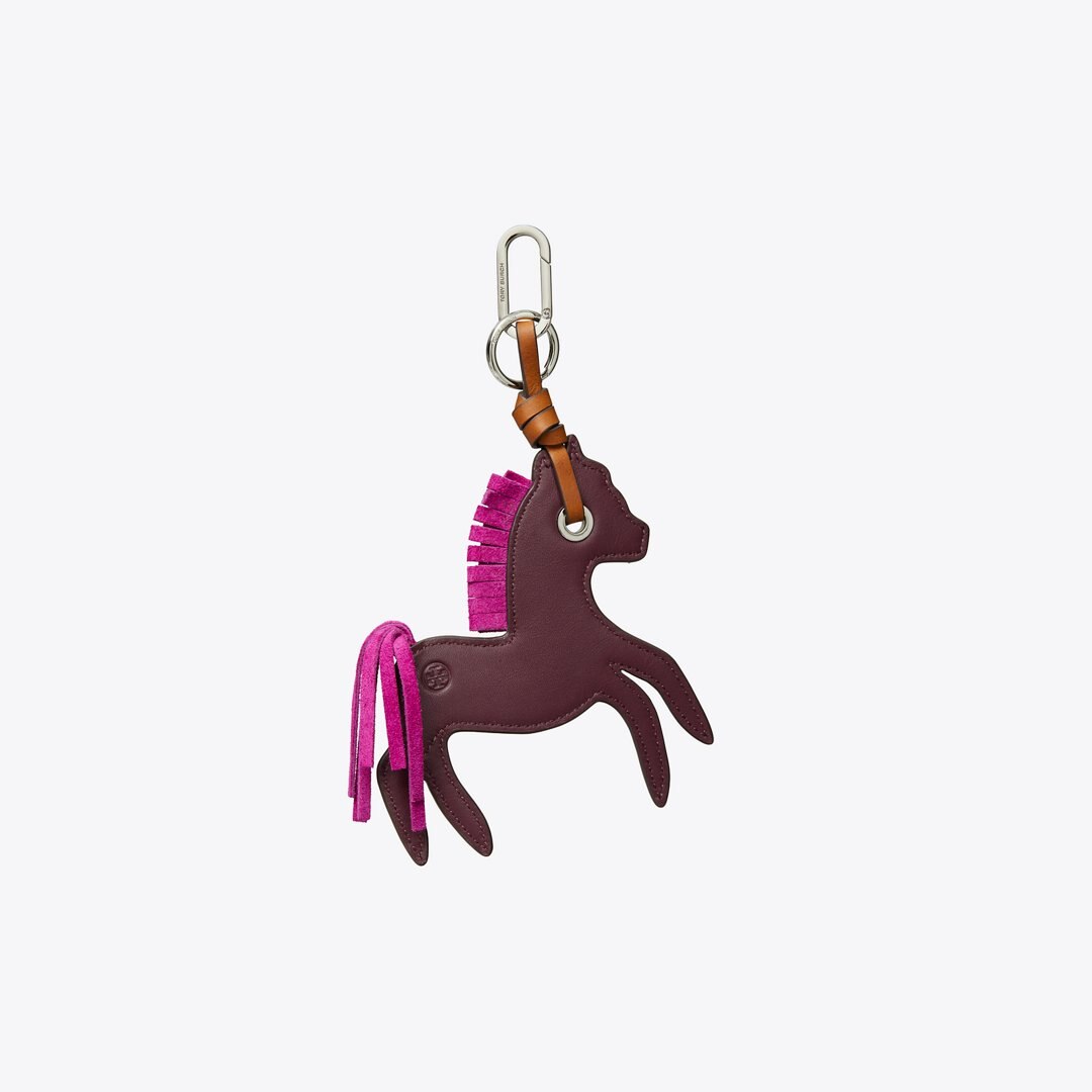Tory Burch Leather Horse Bag Charm Dark Carmine