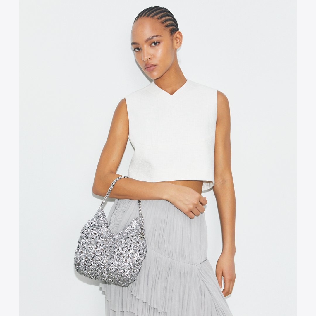 Tory Burch Mini Fleming Woven Hobo Bag Silver