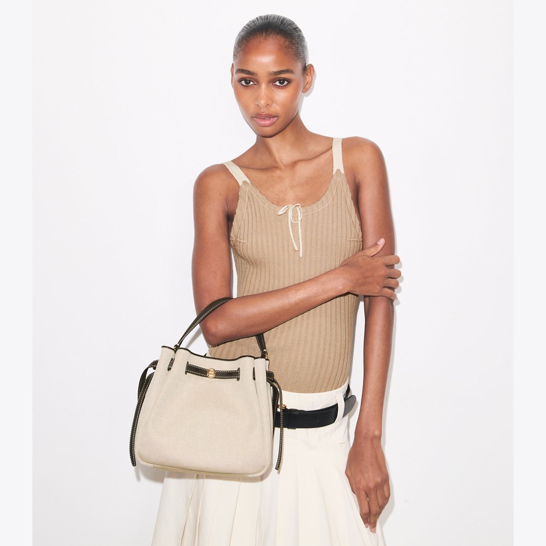 Tory Burch Romy Canvas Bucket Bag Dusty Almond/ Bianco White