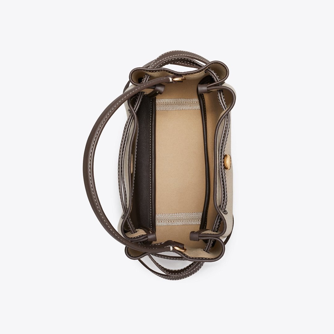 Tory Burch Romy Canvas Bucket Bag Dusty Almond/ Bianco White