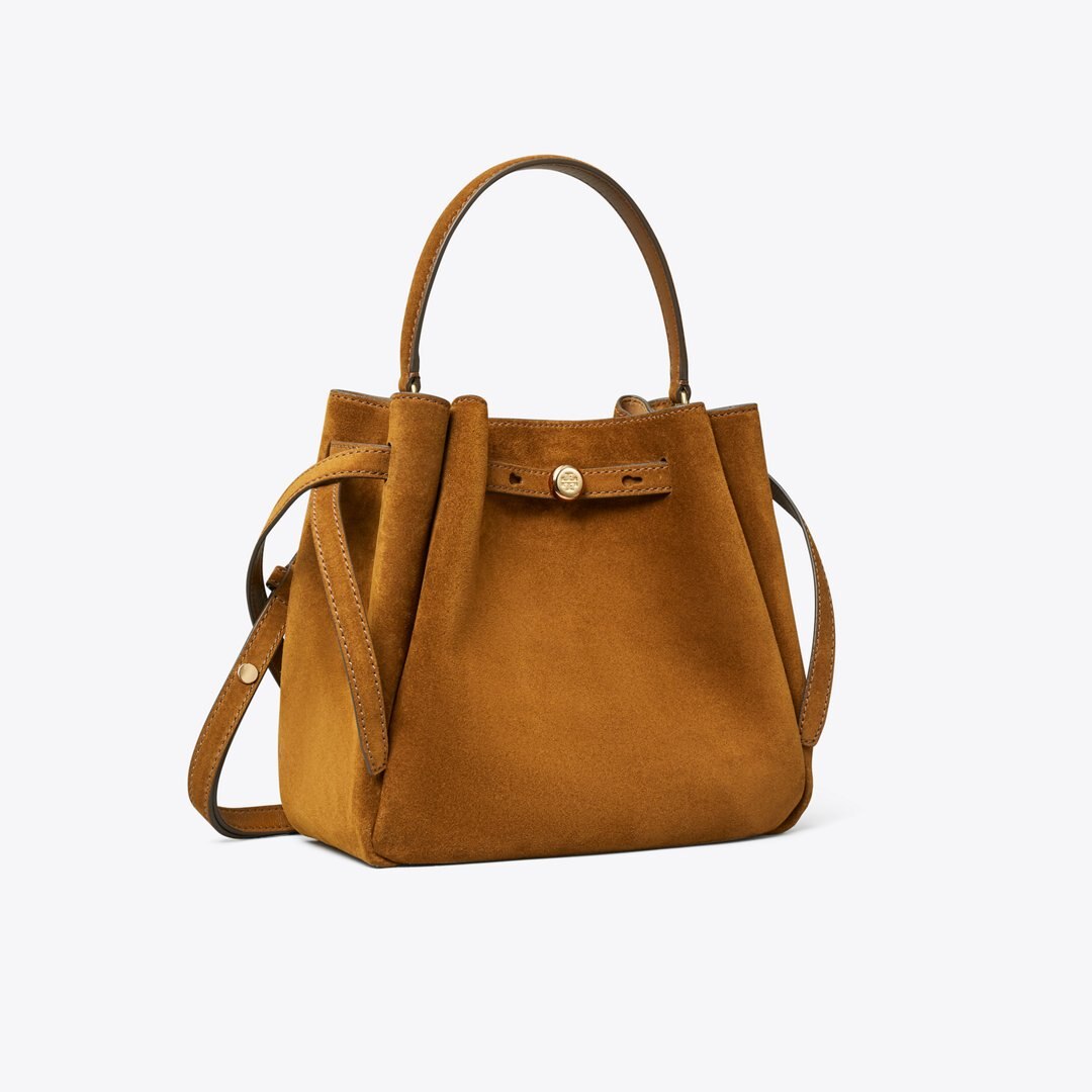 Tory Burch Romy Suede Bucket Bag Cognac
