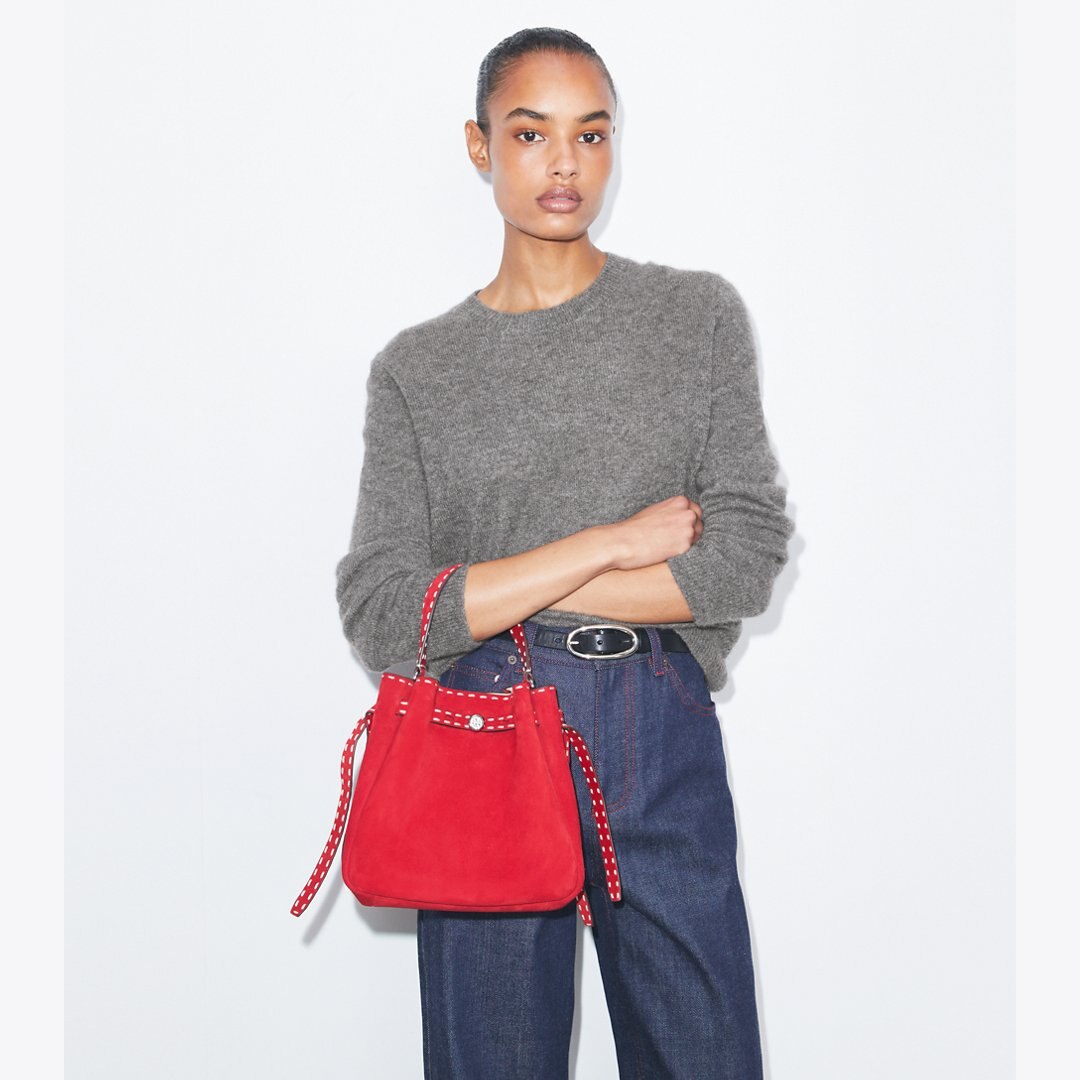 Tory Burch Romy Suede Pick Stitch Bucket Bag Toucan Red