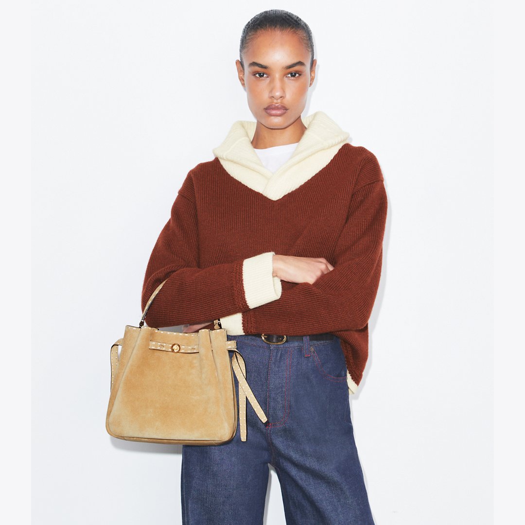 Tory Burch Romy Suede Pick Stitch Bucket Bag Butter