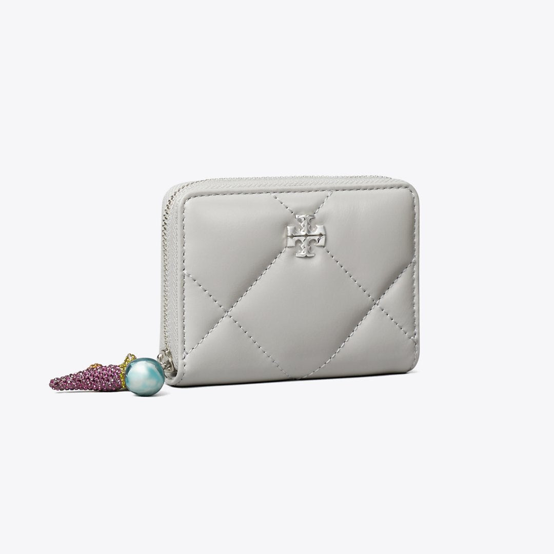 Tory Burch Small Kira Diamond Quilt Charm Zip-Around Wallet Gray