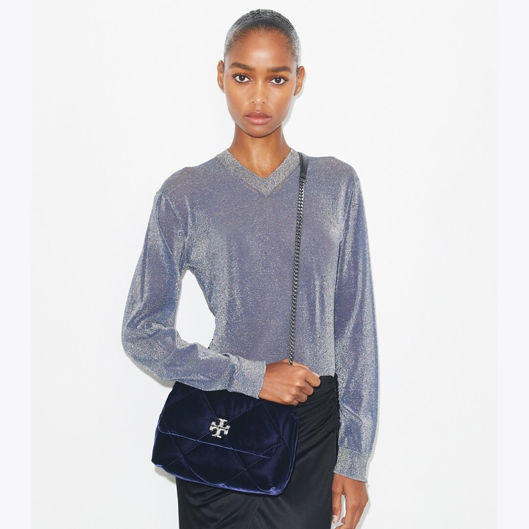 Tory Burch Small Kira Diamond Quilt Velvet Pav Shoulder Bag PERFECT NAVY