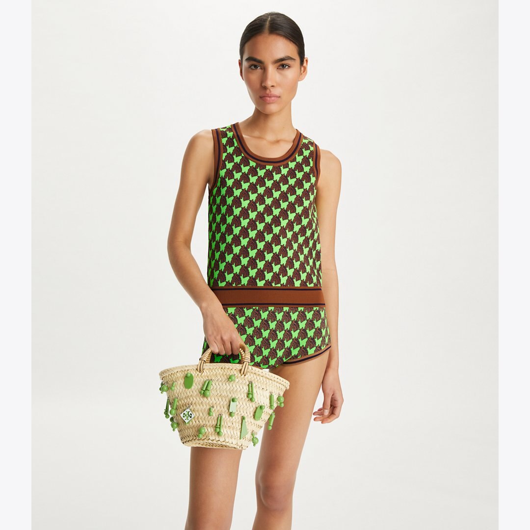 Tory Burch Small Raffia Embroidered Tote Wild Leaves