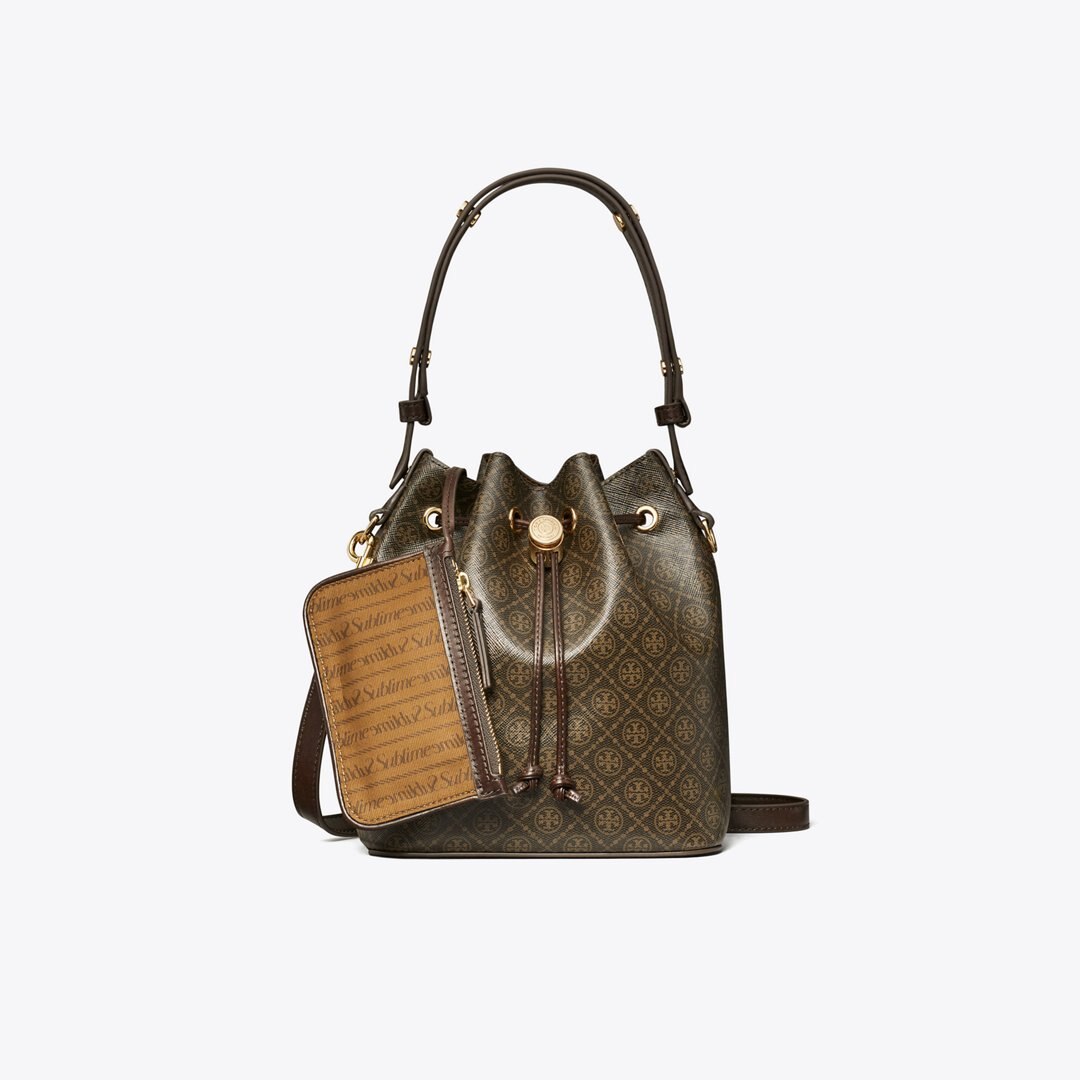 Tory Burch T Monogram Coated Canvas Bucket Bag French Press