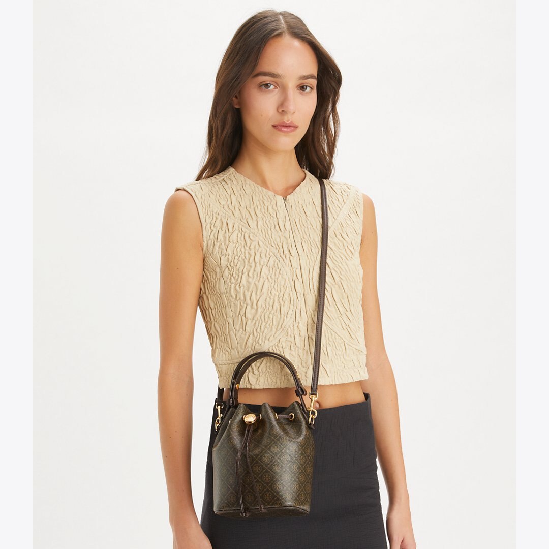 Tory Burch T Monogram Coated Canvas Mini Bucket Bag French Press