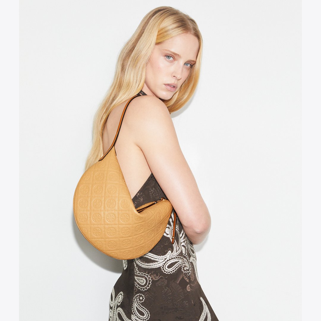 Tory Burch T Monogram Pebbled Small Balloon Bag Biscotti