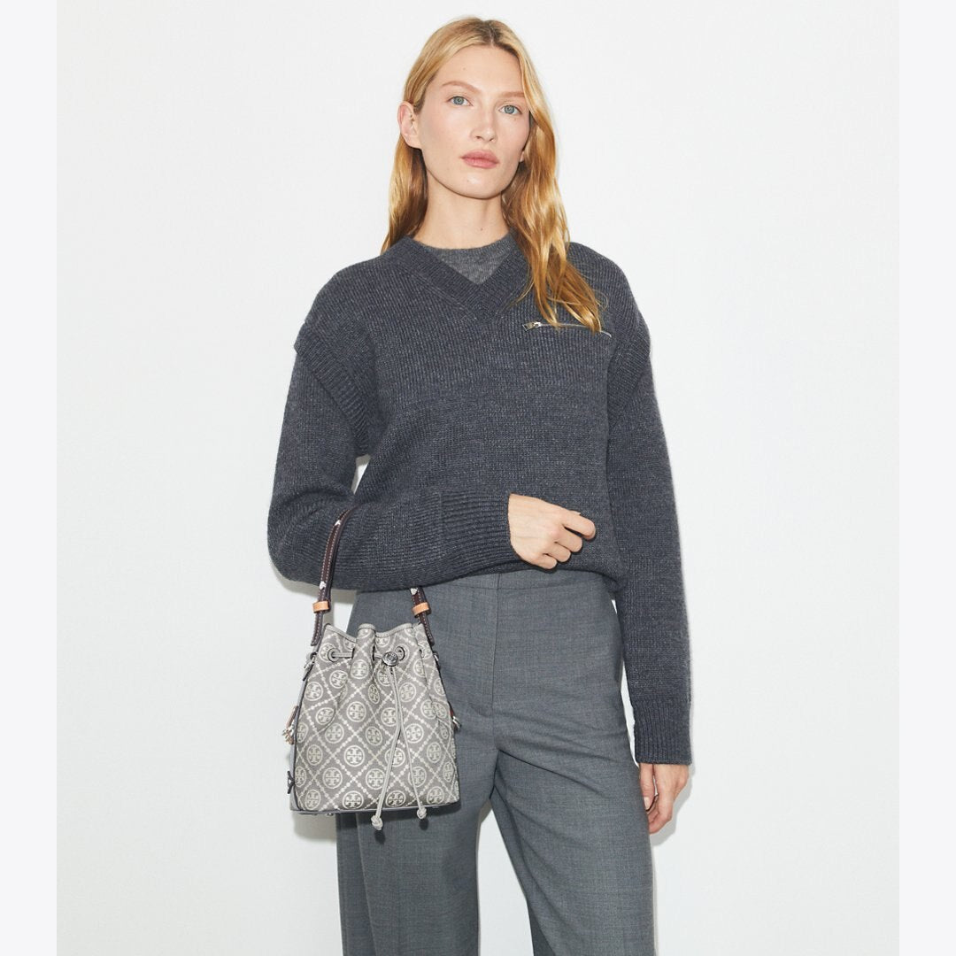 Tory Burch T Monogram Utility Bucket Bag Gray