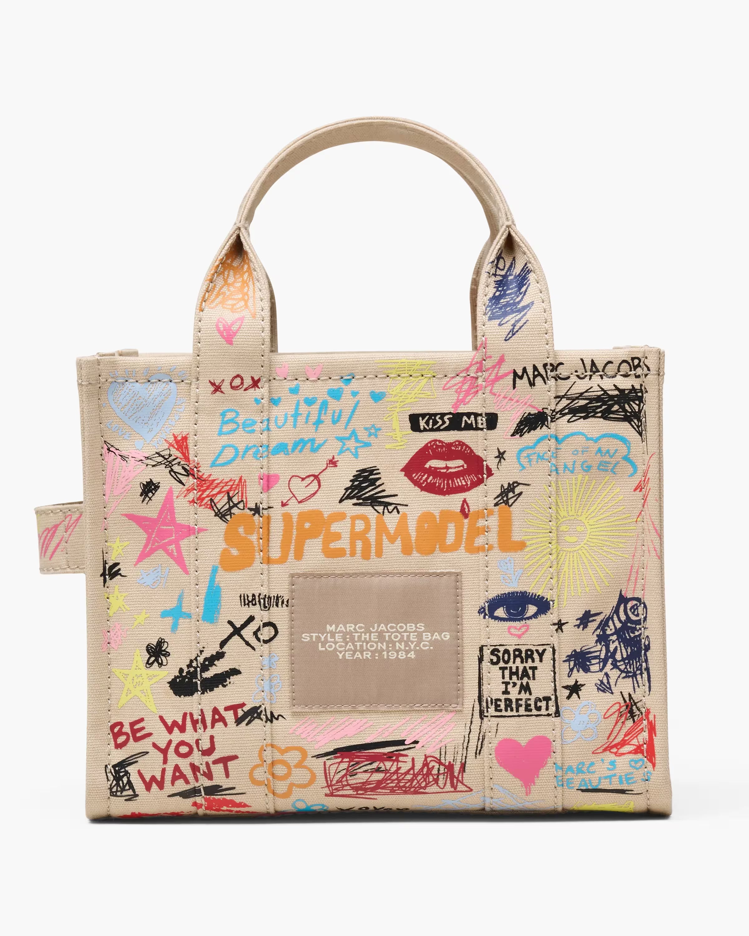 Marc Jacobs The Punk Scribble Canvas Small Tote Bag Beige Multi